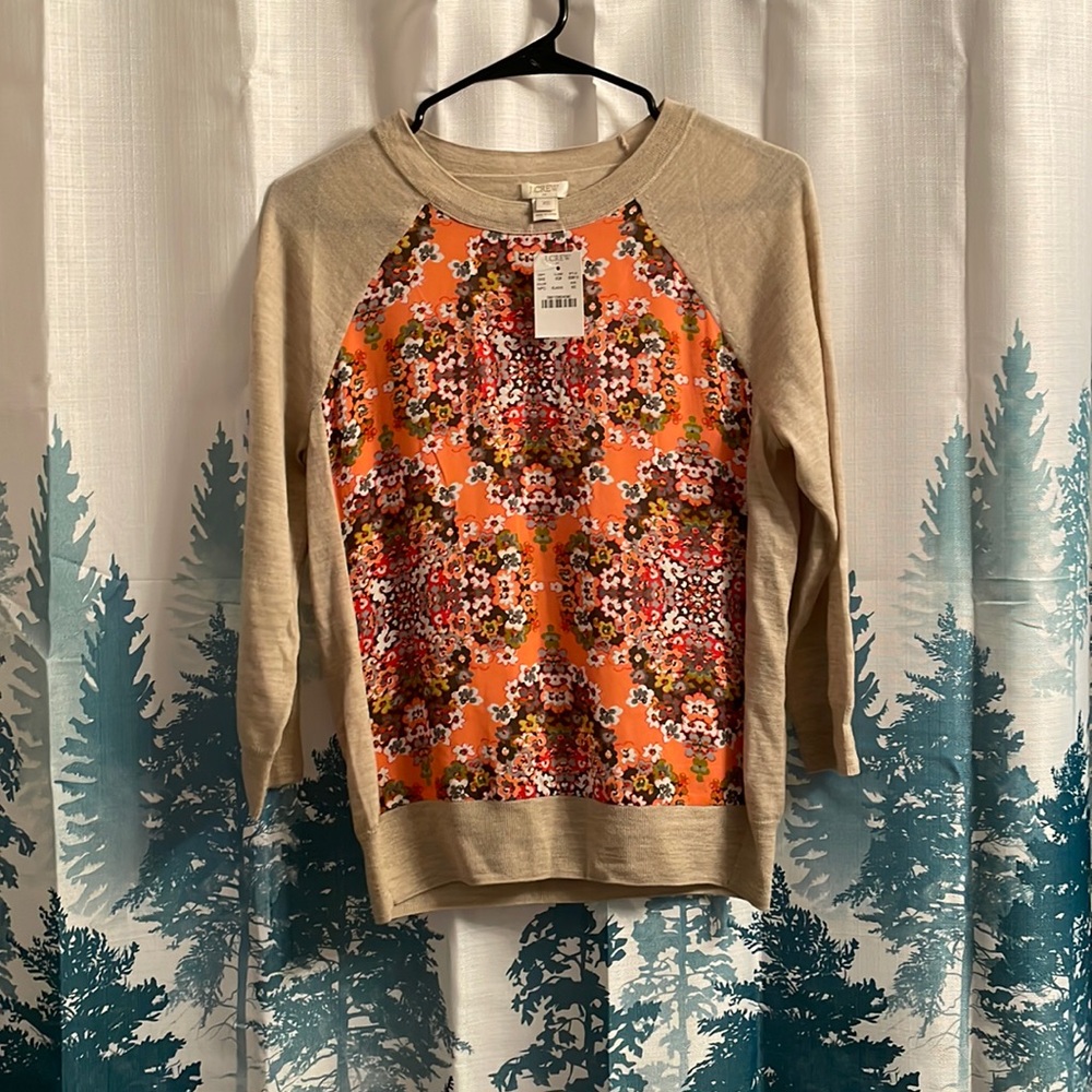 COPY - J.Crew Woven Panel Sweater Tan Pink Floral B3813